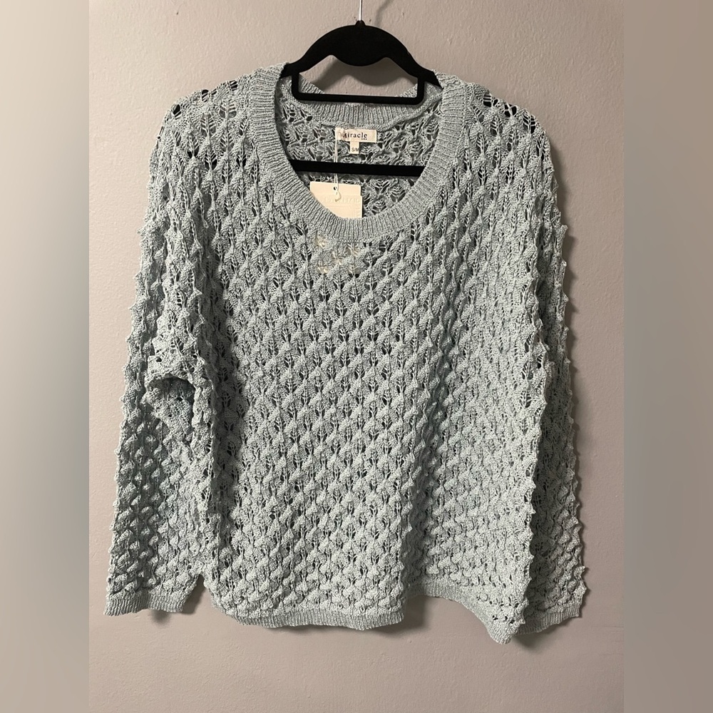 NWT Miracle Open Knit Boxy Light Blue Crew Neck Sweater. Size S/M